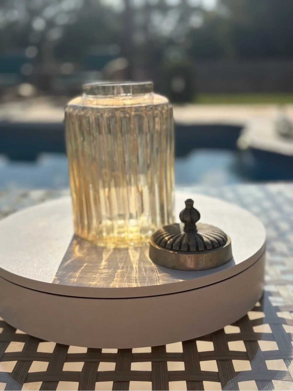 Decorative Amber Glass Jar with Ornate Metal Lid - Home Accents